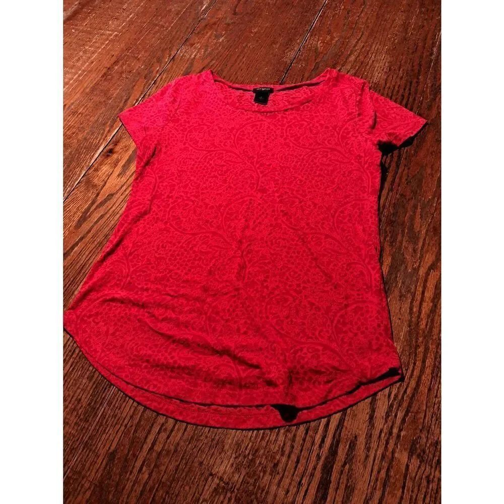 Small Ann Taylor Red Semi Sheer Short Sleeve Curved Hem Pullover Shirt Top